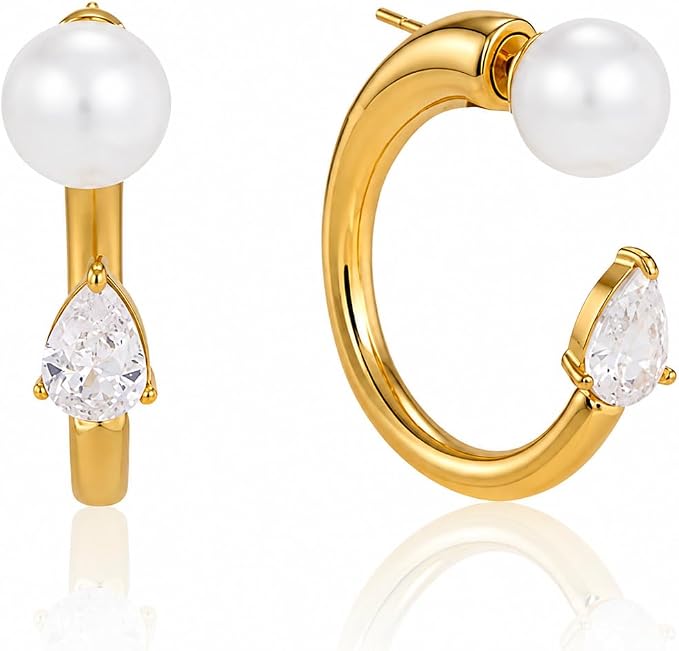 Gold Hoop Earrings with Pearl and Crystal