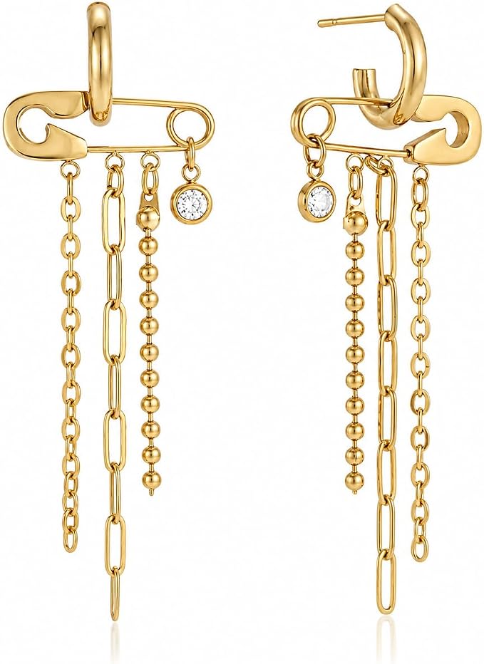 Gold Safety Pin Hoop Earrings with Multi-Chain Tassel Drops