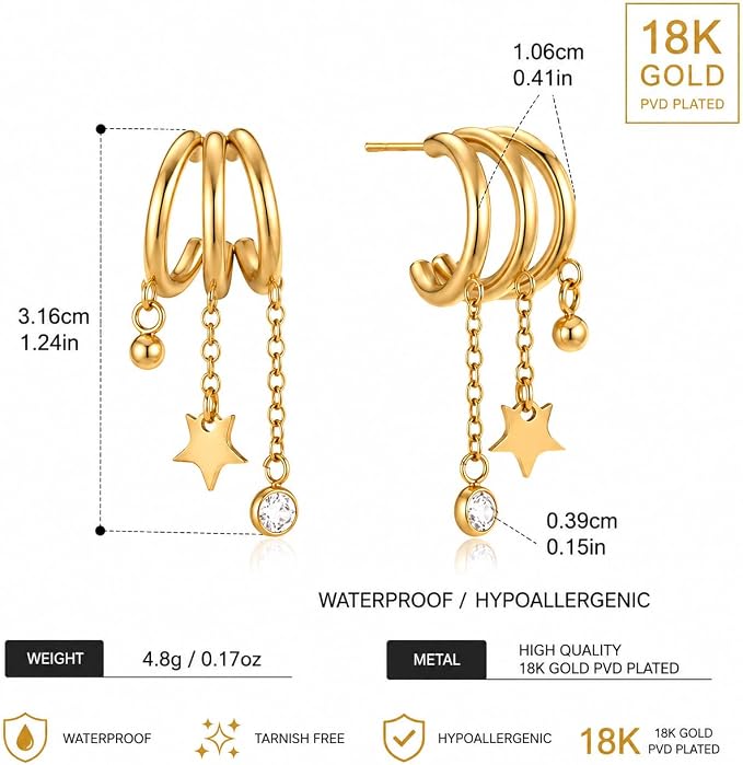 Gold Triple Hoop Earrings with Star, Crystal and Ball Charms
