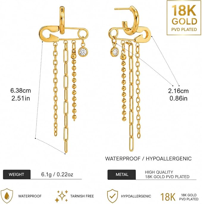Gold Safety Pin Hoop Earrings with Multi-Chain Tassel Drops
