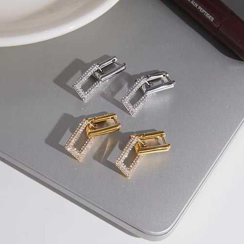 Gold Double Link Drop Earrings with Crystal Pavé, Rectangular