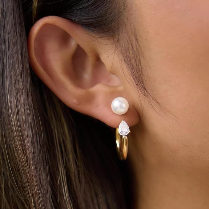 Gold Hoop Earrings with Pearl and Crystal