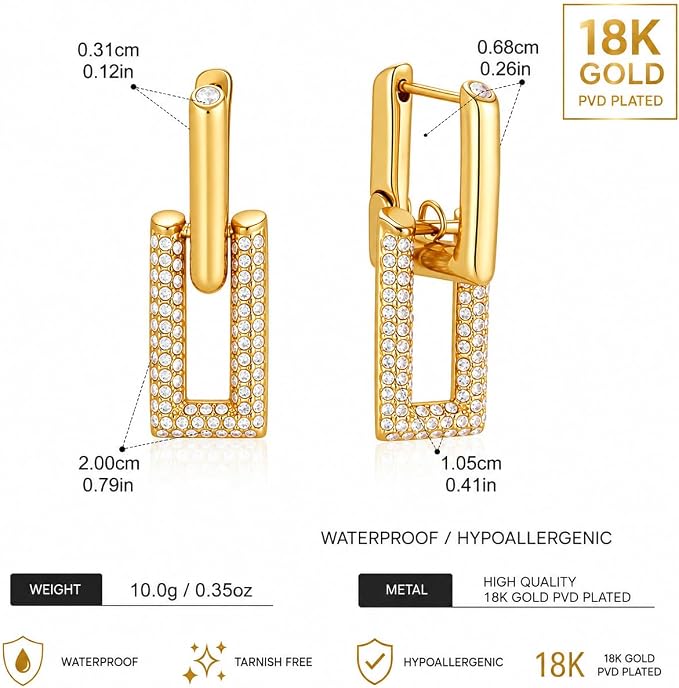 Gold Double Link Drop Earrings with Crystal Pavé, Rectangular