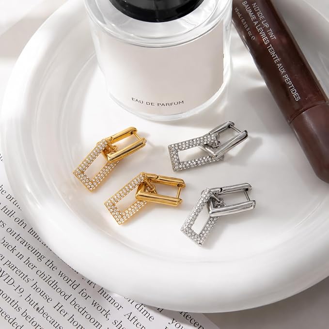Gold Double Link Drop Earrings with Crystal Pavé, Rectangular