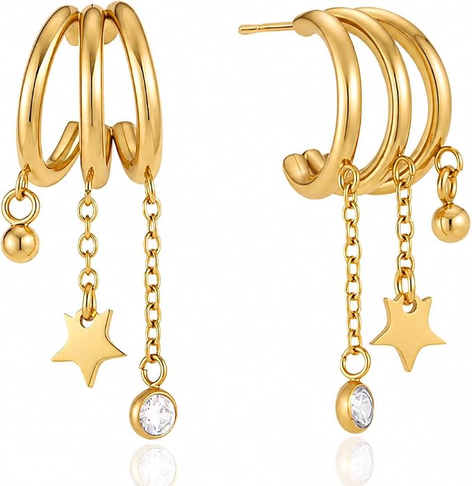 Gold Triple Hoop Earrings with Star, Crystal and Ball Charms