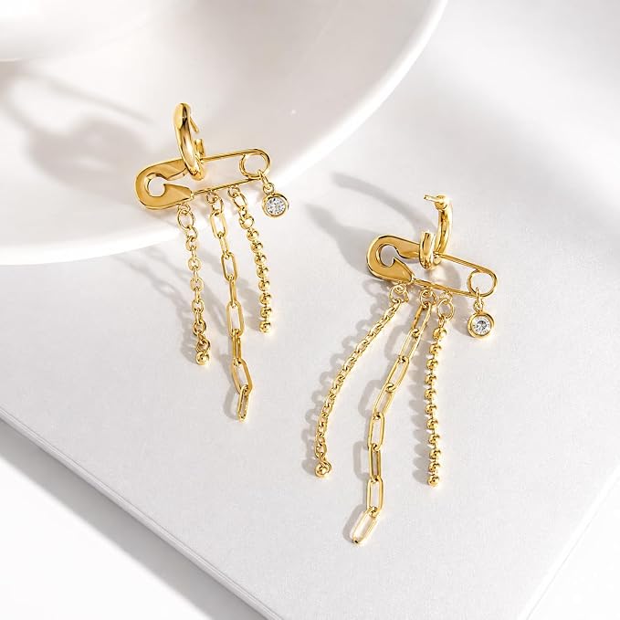 Gold Safety Pin Hoop Earrings with Multi-Chain Tassel Drops