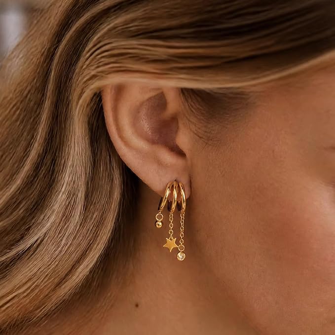 Gold Triple Hoop Earrings with Star, Crystal and Ball Charms