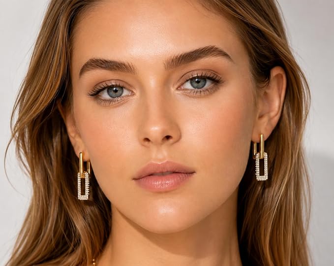 Gold Double Link Drop Earrings with Crystal Pavé, Rectangular