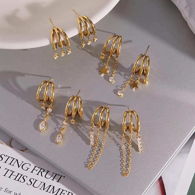 Gold Triple Hoop Earrings with Star, Crystal and Ball Charms