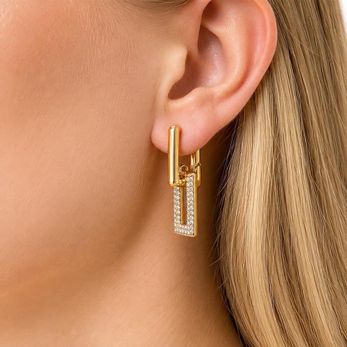 Gold Double Link Drop Earrings with Crystal Pavé, Rectangular