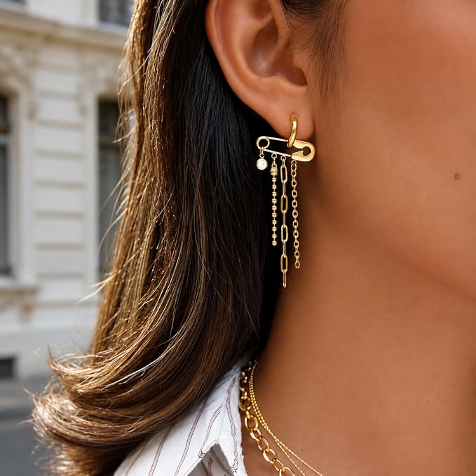 Gold Safety Pin Hoop Earrings with Multi-Chain Tassel Drops
