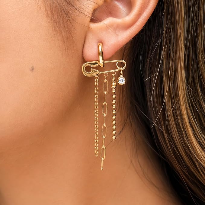 Gold Safety Pin Hoop Earrings with Multi-Chain Tassel Drops