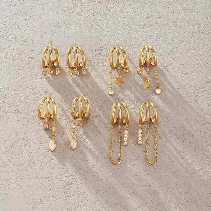 Gold Triple Hoop Earrings with Star, Crystal and Ball Charms