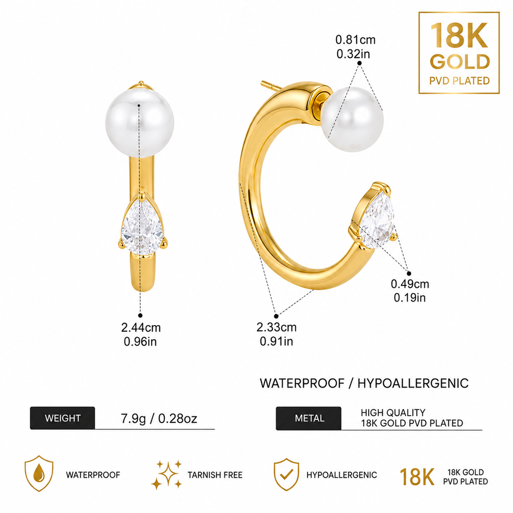 Gold Hoop Earrings with Pearl and Crystal