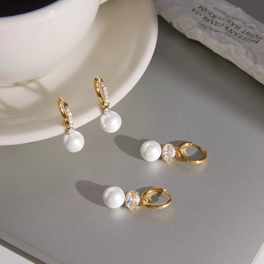 Dordanee Pearl Drop Hoop Earrings, 18K Gold Plated, Crystal Accents, Elegant Pearl Dangle Earrings for Women