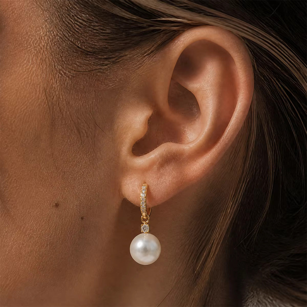 Dordanee Pearl Drop Hoop Earrings, 18K Gold Plated, Crystal Accents, Elegant Pearl Dangle Earrings for Women
