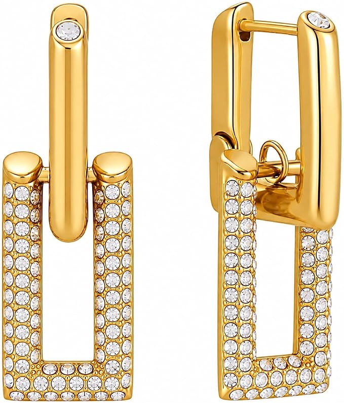 Gold Double Link Drop Earrings with Crystal Pavé, Rectangular